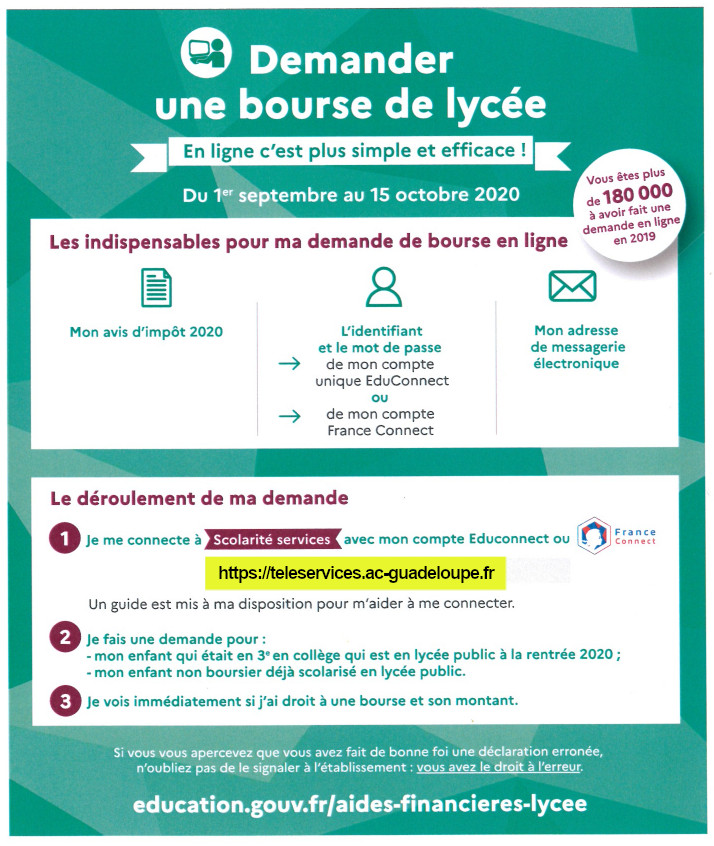 Demande de bourse en ligne du 1er septembre au 15 octobre 2020 – Lycée